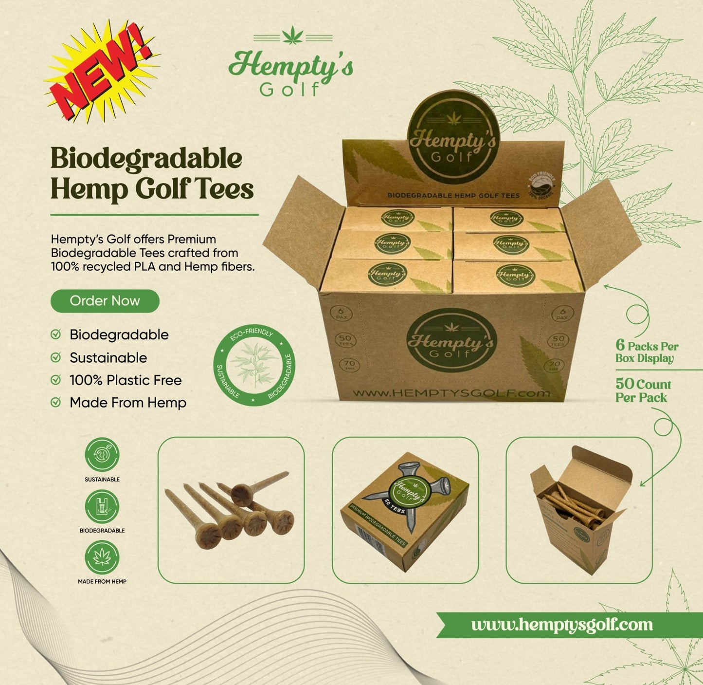 Hempty's Golf® 50 Pack Hemp Golf Tee