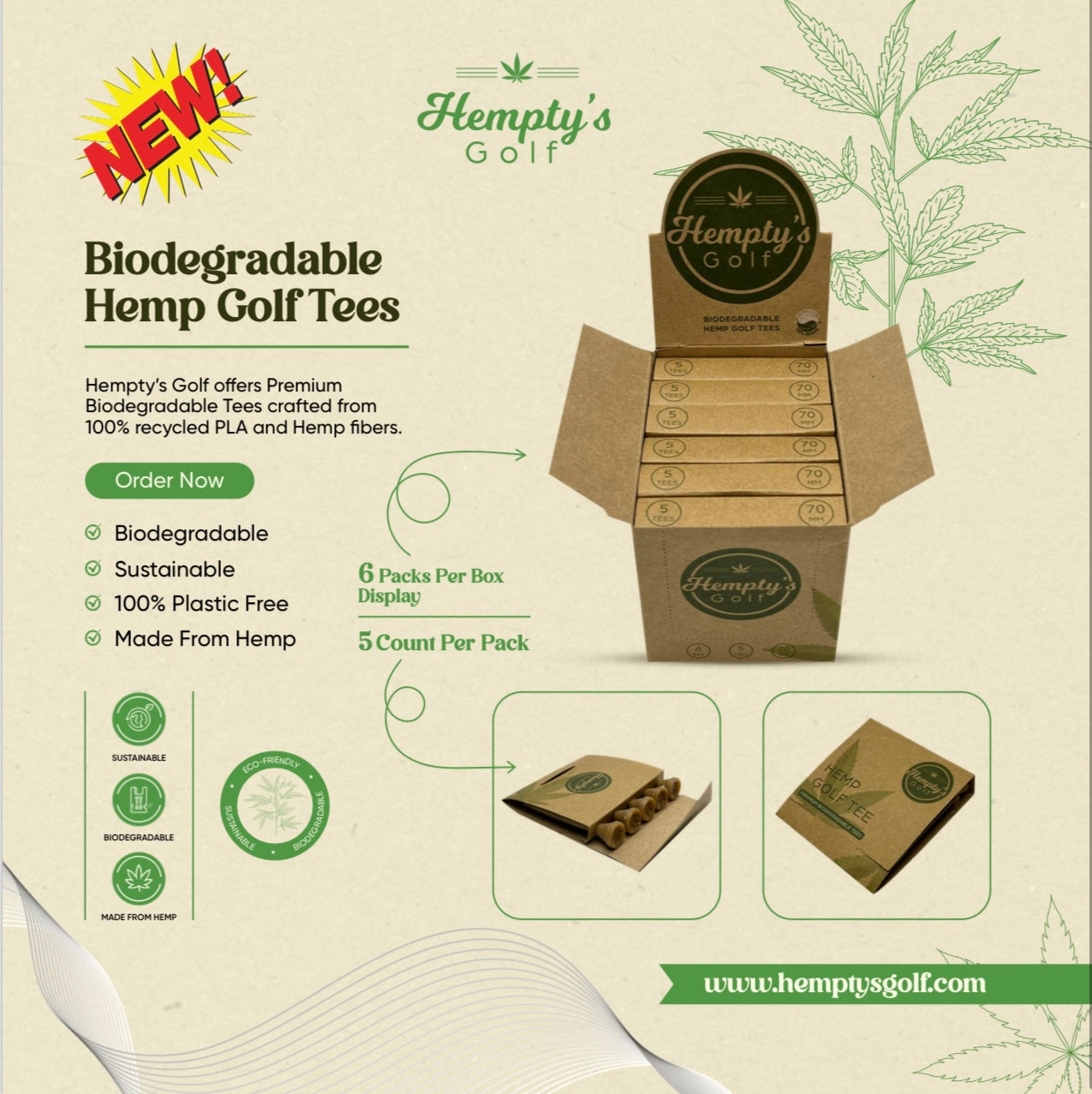 Hempty's Golf® 5 Pack Hemp Golf Tee B1G1 ( 2 Packs Total )